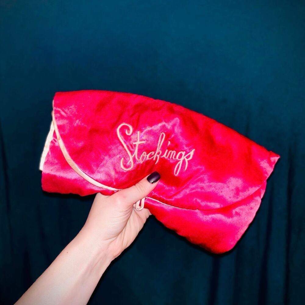 Elegant MCM 50s Bright Pink Satin Hosiery Boudoir Fan Pouch